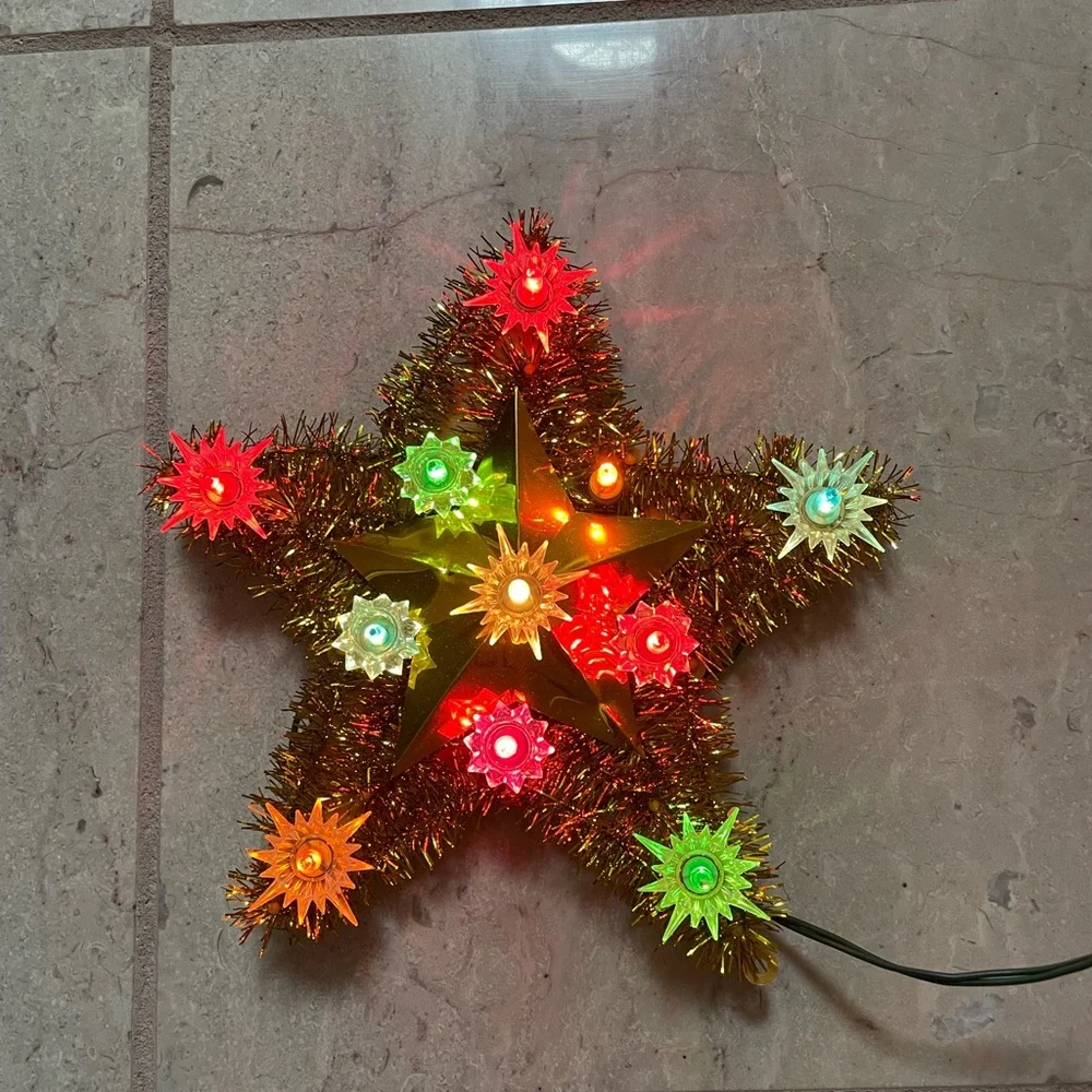 Vintage Gold Tinsel Star Tree Topper from 1970’s 11 Lights w/Original Box Works!